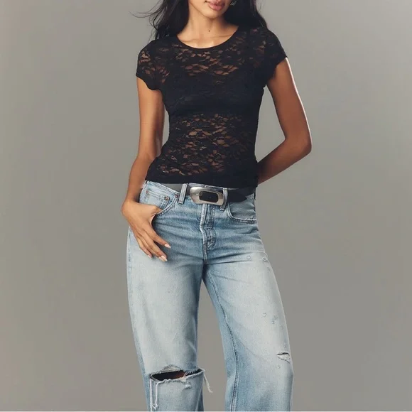 Anthropologie Crewneck Short-Sleeve Top Black Lace Tee NEW Small - Picture 3 of 15